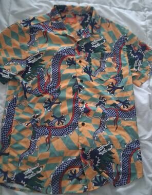 Negative Space Men's Dragon Harajuku Graphic Button Up Shirt Checkered Size M